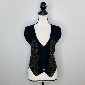 Vintage Gold Embroidered Black Suede Vest Womens Large Maximalist Rodeo Festival